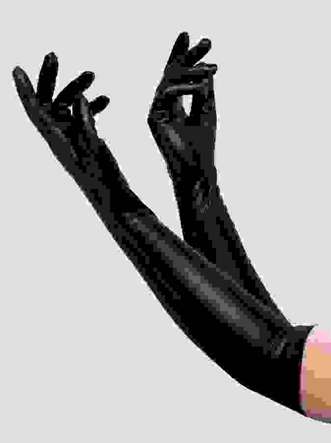 Lovehoney Plus Size Fierce Black Wet Look Elbow-Length Gloves, Black, hi-res